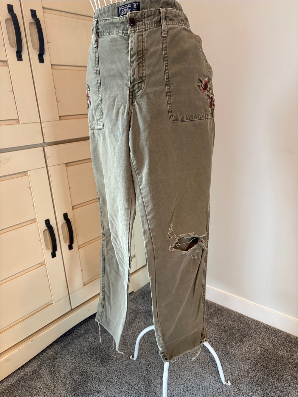 Women’s Olive Green Embroidered Utility Pants